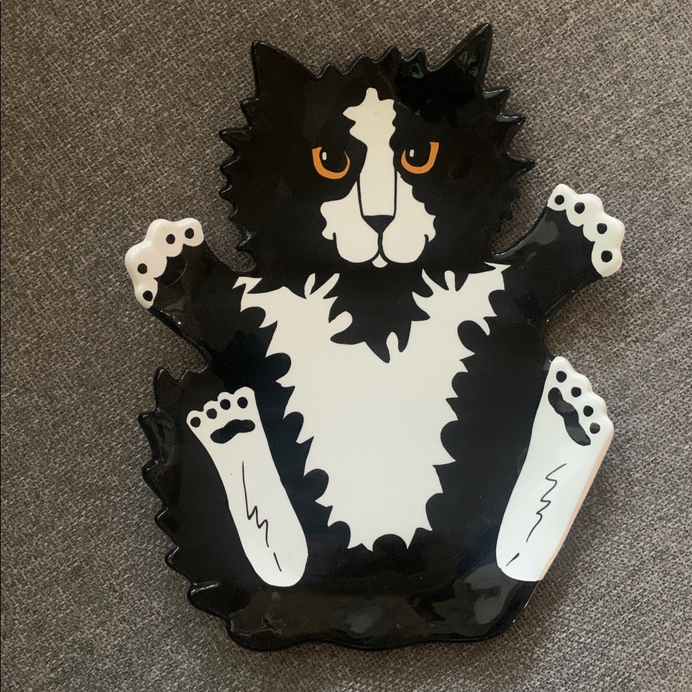 Cats by Nina Lyman Ceramic Plate Serving Platter Black White Cat 9” x 12”
